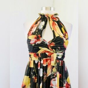ANNA SUI Anthropologie Chiffon Floral Halter Midi Dress Black Orange Yellow Gold